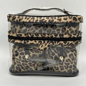 Victoria's Secret Leopard Print 4-in-1 Makeup Bag Set Clear Train Case NWT